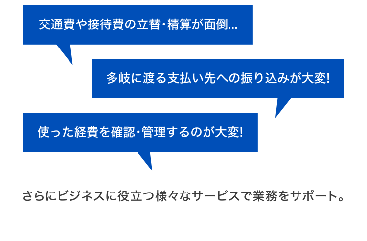 [交通費や接待費の立替・精算が面倒…] [多岐に渡る支払い先への振り込みが大変！] [使った経費を確認・管理するのが大変！] さらにビジネスに役立つ様々サービスで業務をサポート。